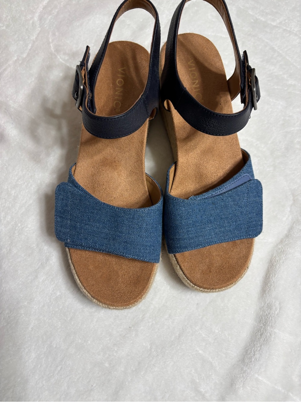 Vionic Blue Denim Front Strap Wedge Sandals with Navy Ankle Strap